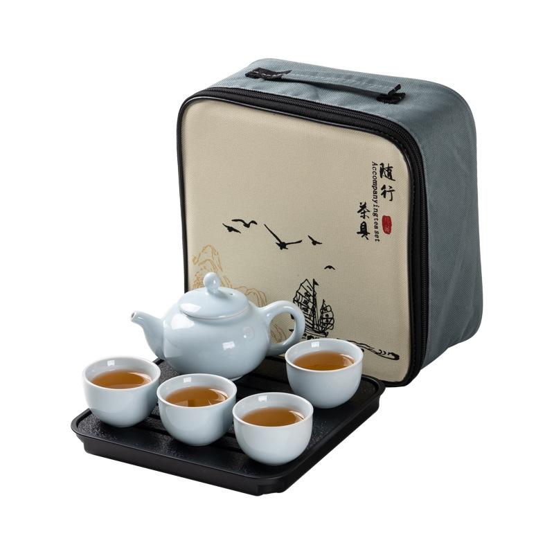Celadon Tea Set Portable Ceramic Travel Small Set One Pot Four Cups with Tea Tray Simple Mid-Autumn Festival Business Gifts
