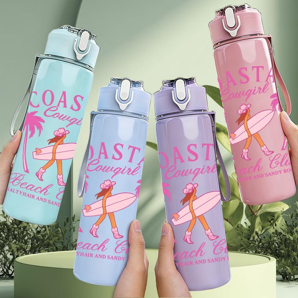 1PC Coastal Beach Club Surfer Print 750ml Color Plastic Sports Water Bottle Leakproof Flip Straw Lid Suitable for Sports Office Home Use