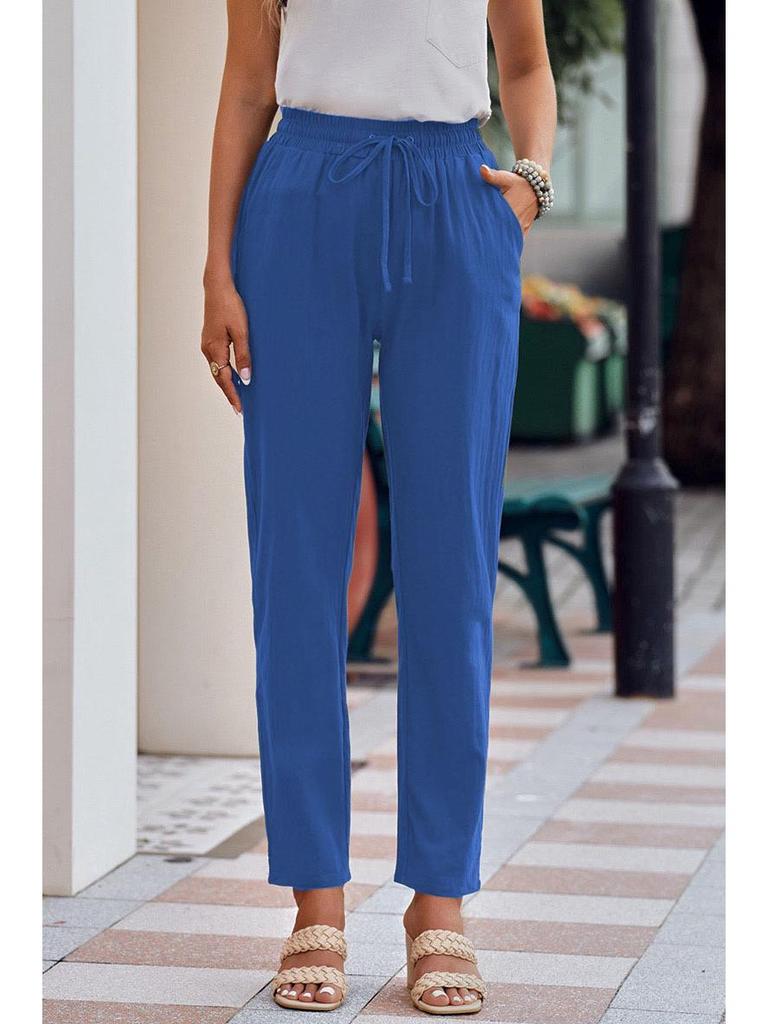 Женские хлопково-льняные брюки с кулиской и широкими штанинами