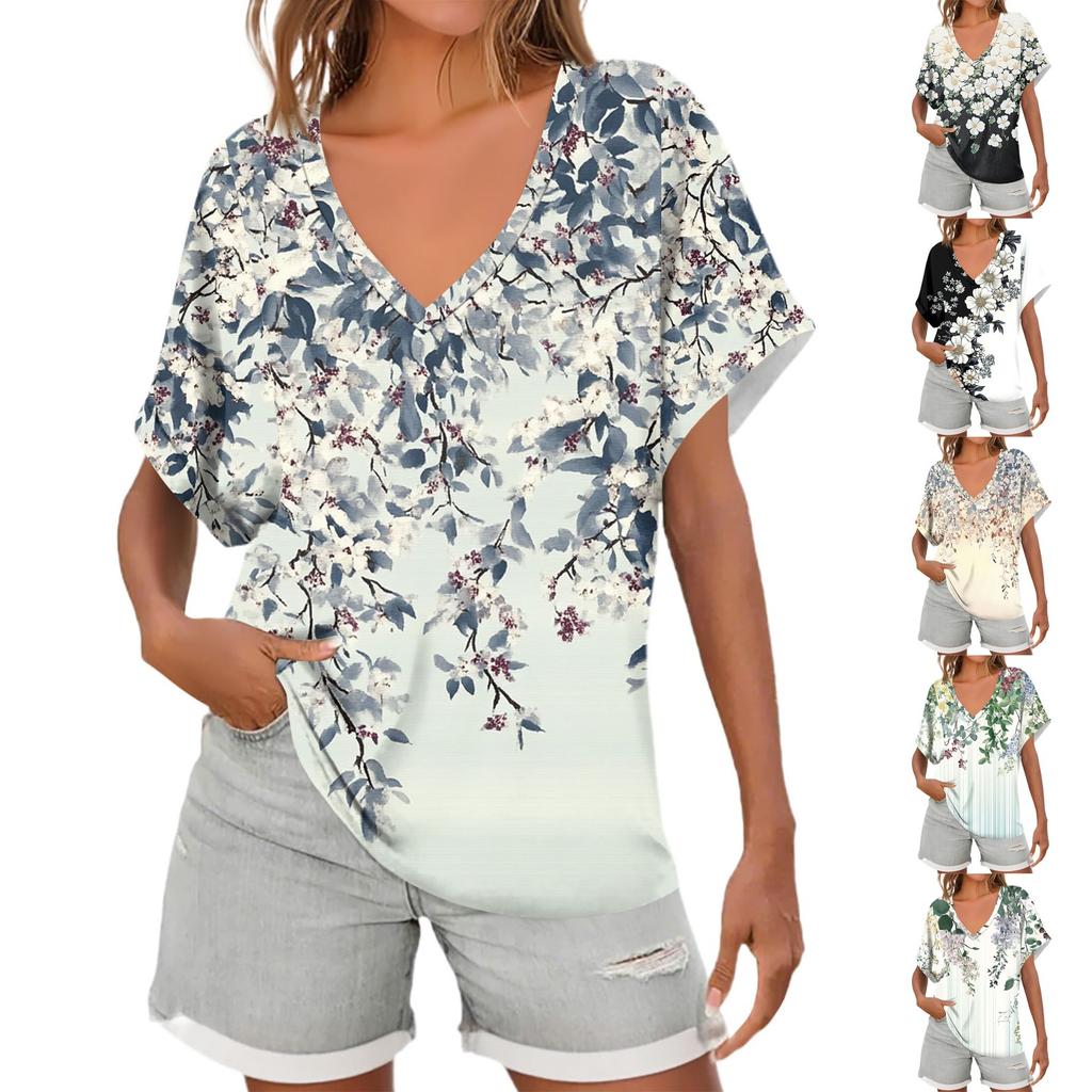 Womens Short Sleeve V-Neck Shirts Floral Print Loose Casual Basic Tees Summer Tops