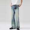 Mens Washed Vintage Blue Gradient Denim Jeans Slim Fit Straight Leg With Whiskering Scratches