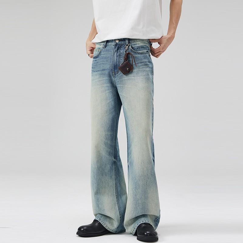 Mens Washed Vintage Blue Gradient Denim Jeans Slim Fit Straight Leg With Whiskering Scratches