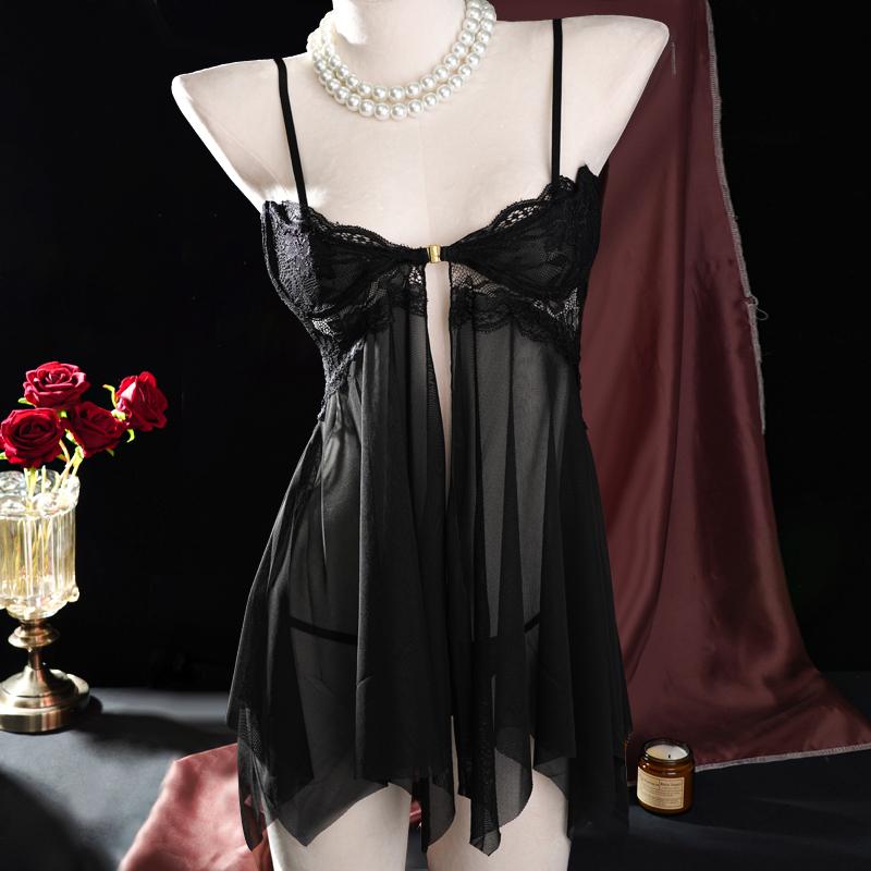Mesh See-through Temptation Nightdress Front Buttoned with Thong Set Steel Ring Pajamas Sleepwear Set