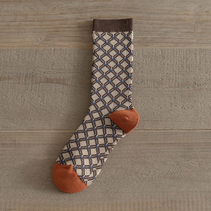 Осенне-зимние коричневые носки средней длины, модный клетчатый узор, ретро-мода, носки средней длины, влагоотводящие и дышащие хлопковые носки