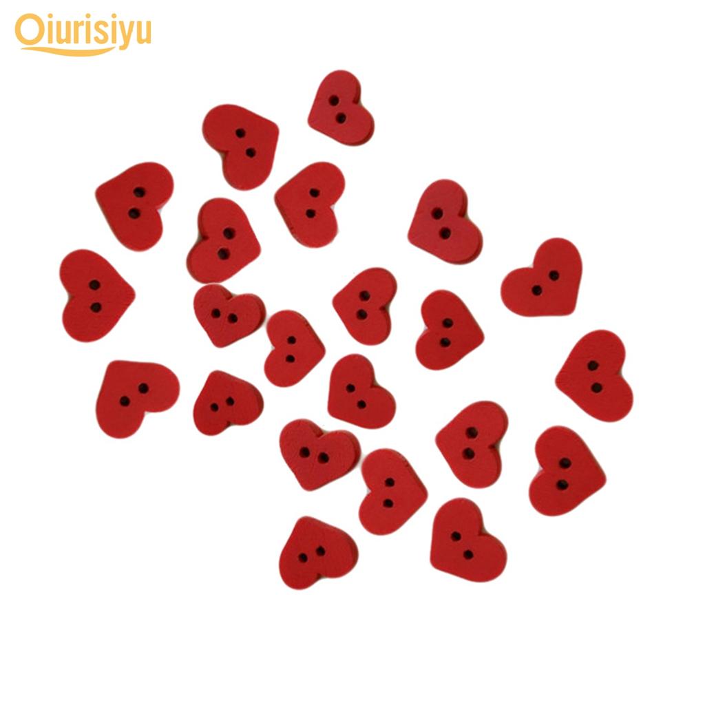 100Pcs 2 Holes Red Love Heart Wooden Button
