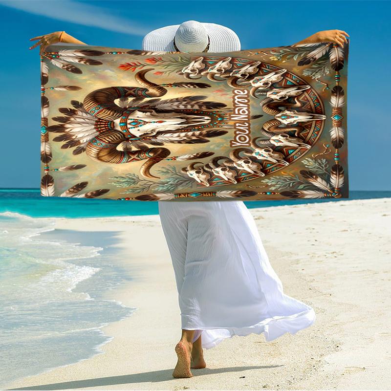 1PC Custom Name Native American Spirit Beach Towel Highly Absorbent And Sand-Resistant Towel for Swimming, Pool, Yoga, And Travel Lightweight