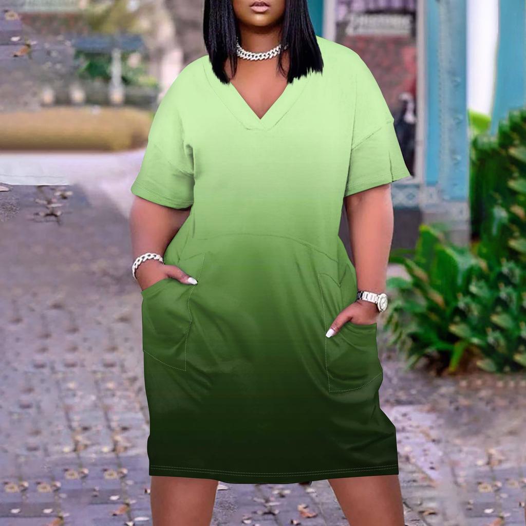 Лето плюс размер V-образным вырезом с коротким рукавом и карманом до колена с градиентным принтом повседневное платье для женщин