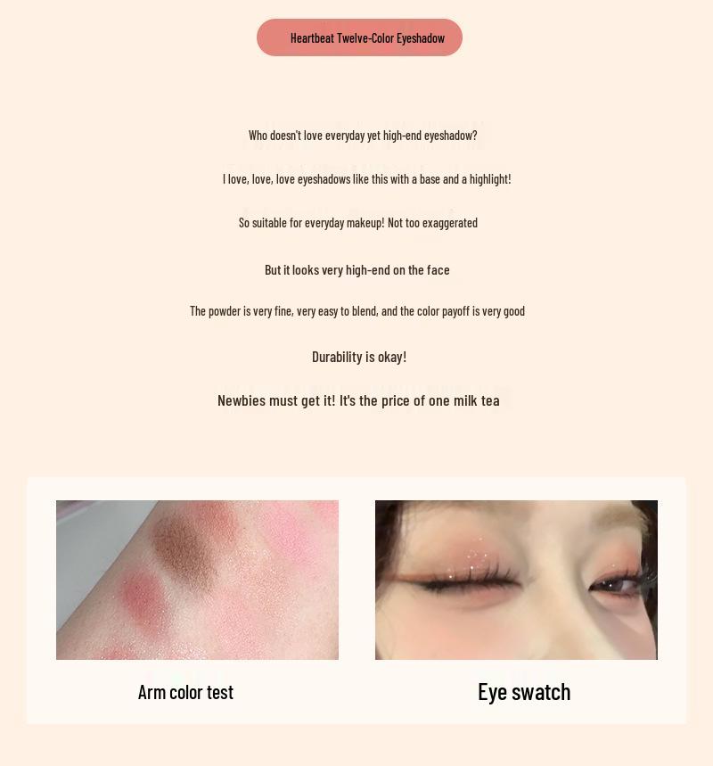 Heartbeat Twelve-Color Heart-Shaped Eyeshadow Palette: Pearlescent, Fine Glitter, Matte, Blush, Highlighter for Enhanced Complexion.