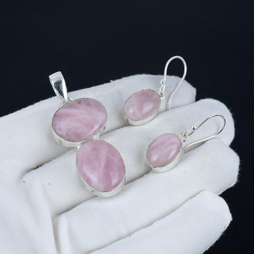 Комплект подвесок из натурального розового кварца, комплект серег из розового кварца, ручная работа, стерлинговое серебро 925 пробы, подвеска для женщин, подарок на вату