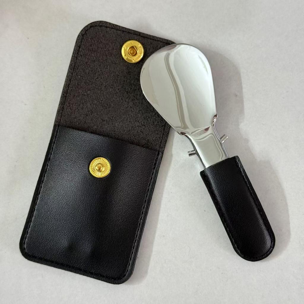 Stainless Steel Folding Shoe Horn PU Leather Small Bag Keychain Lazy Shoe Lifter Portable Shoe Puller Helper Men Women Daily Use