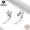 Bisaer 925 Sterling Silver Enamel Pink Realistic Cherry Blossom and Tree Leaf Earrings Buckle for Women Jewelry