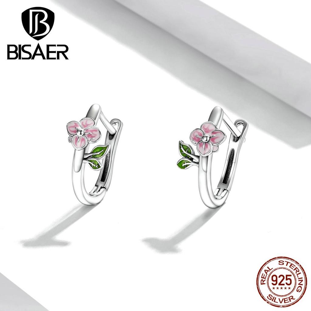 Bisaer 925 Sterling Silver Enamel Pink Realistic Cherry Blossom and Tree Leaf Earrings Buckle for Women Jewelry