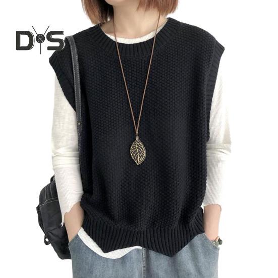 Women Knitted Vest Autumn Winter O Neck Solid Color Wavy Hem Warm Soft Loose Casual Female Ladies Waistcoat Sleeveless Top Knitwear