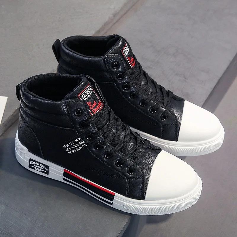 Кожаная мужская модная парусиновая обувь, осенняя повседневная обувь с высоким берцем для мужчин, нескользящие мужские кроссовки, новые зимние теннисные туфли Tenis Masculino