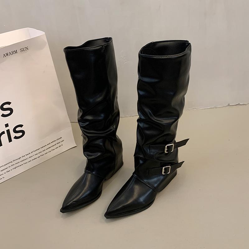 Мода Винтаж плиссированные женские сапоги до колена модные остроносые современные длинные сапоги осень-зима квадратные каблуки женская обувь