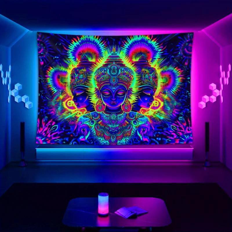 Blacklight Buddha Tapestry, UV Reactive Psychedelic Wall Hanging for Bedroom, Glow Party & Spiritual Decor