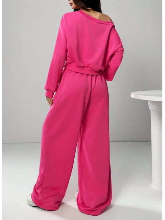 2025 Женский повседневный свитшот на одно плечо и вязаный комплект - Однотонный, Свободный крой, Варианты с коротким и длинным рукавом