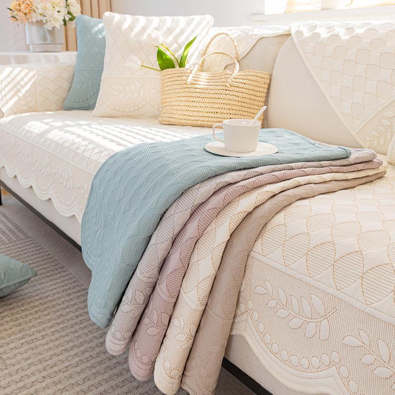 Europe Washed Cotton Sofa Cushion Four Seasons Universal Couch Cover Jacquard Non-slip Willow Leaf Pattern Sofa Towel Wave Edge