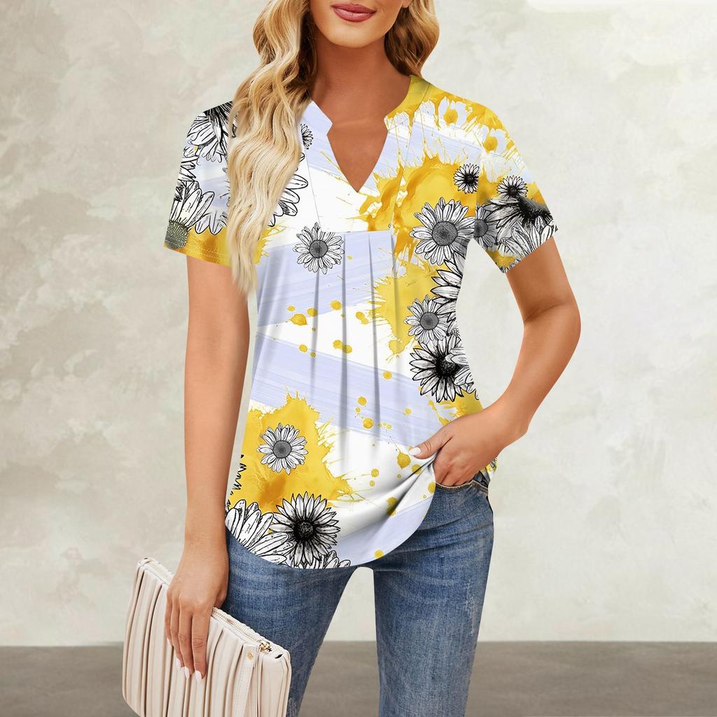 Women's Short Sleeve Casual V-neck Chest Pleated Printed Loose T-shirt Top