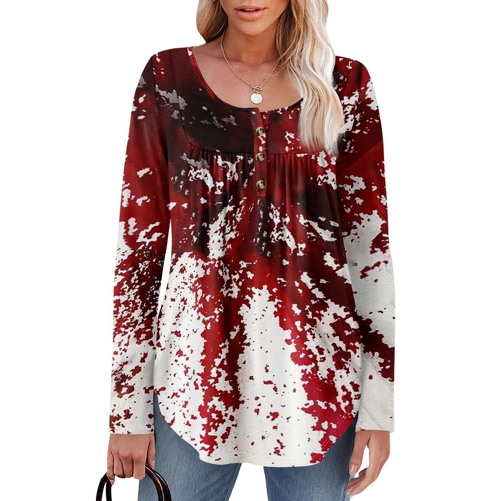 Женская туника с длинным рукавом, свободные топы, повседневные топы оверсайз, плиссированная туника, застегивающаяся на пуговицы, повседневные женские топы с принтом