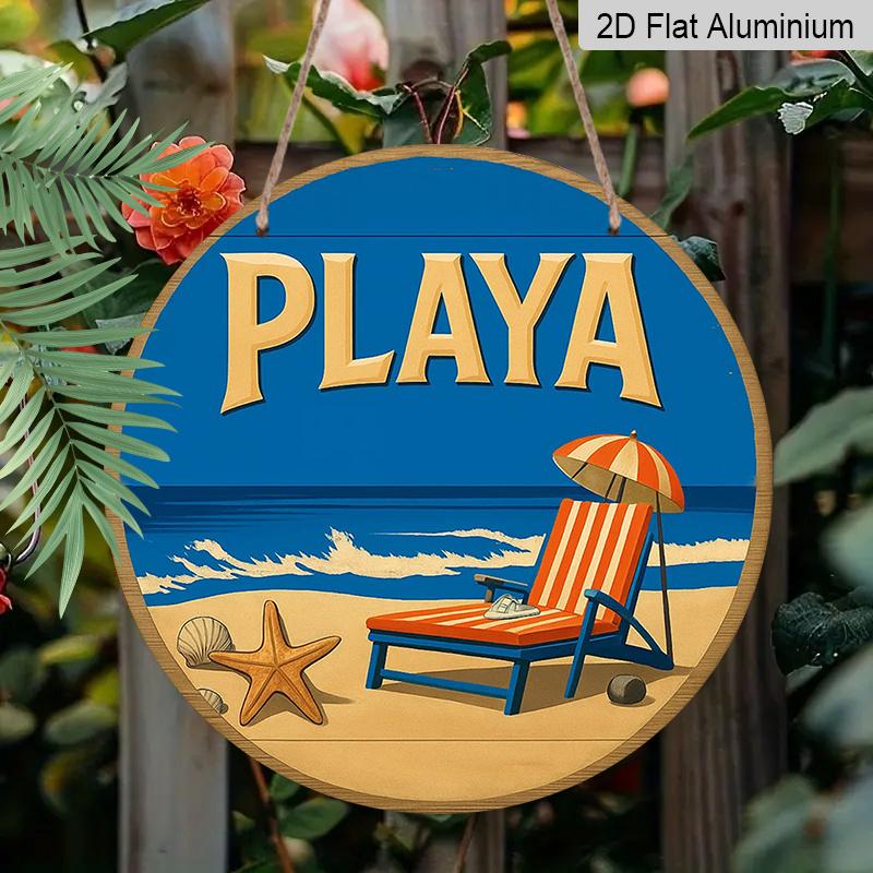 2D Flat - 1pc, 7.87X7.87 Inch 2D Flat Round Aluminum Sign, Vintage Aluminum Plaque about "PLAYA", Beach Themed Decorative Sign, Suitable for