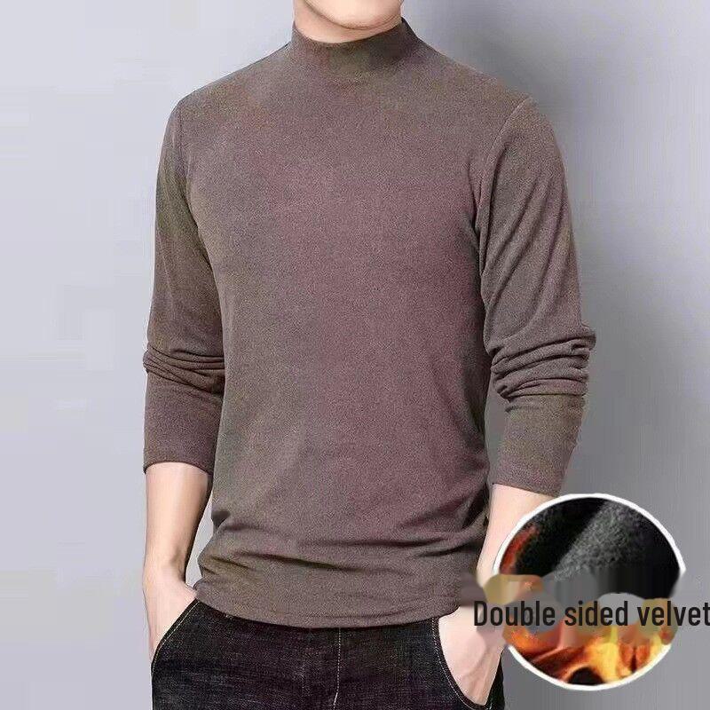 Мужская немецкая бархатная термофутболка с длинным рукавом: Воротник средней высоты, двухсторонний бархат, эластичная ткань, модная одежда на осень-зиму.