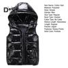 Men Cotton Vest Autumn Winter Hooded Sleeveless Zipper Placket Jacket with Pockets Solid Color Glossy Finish Down Quilted Vest Coat