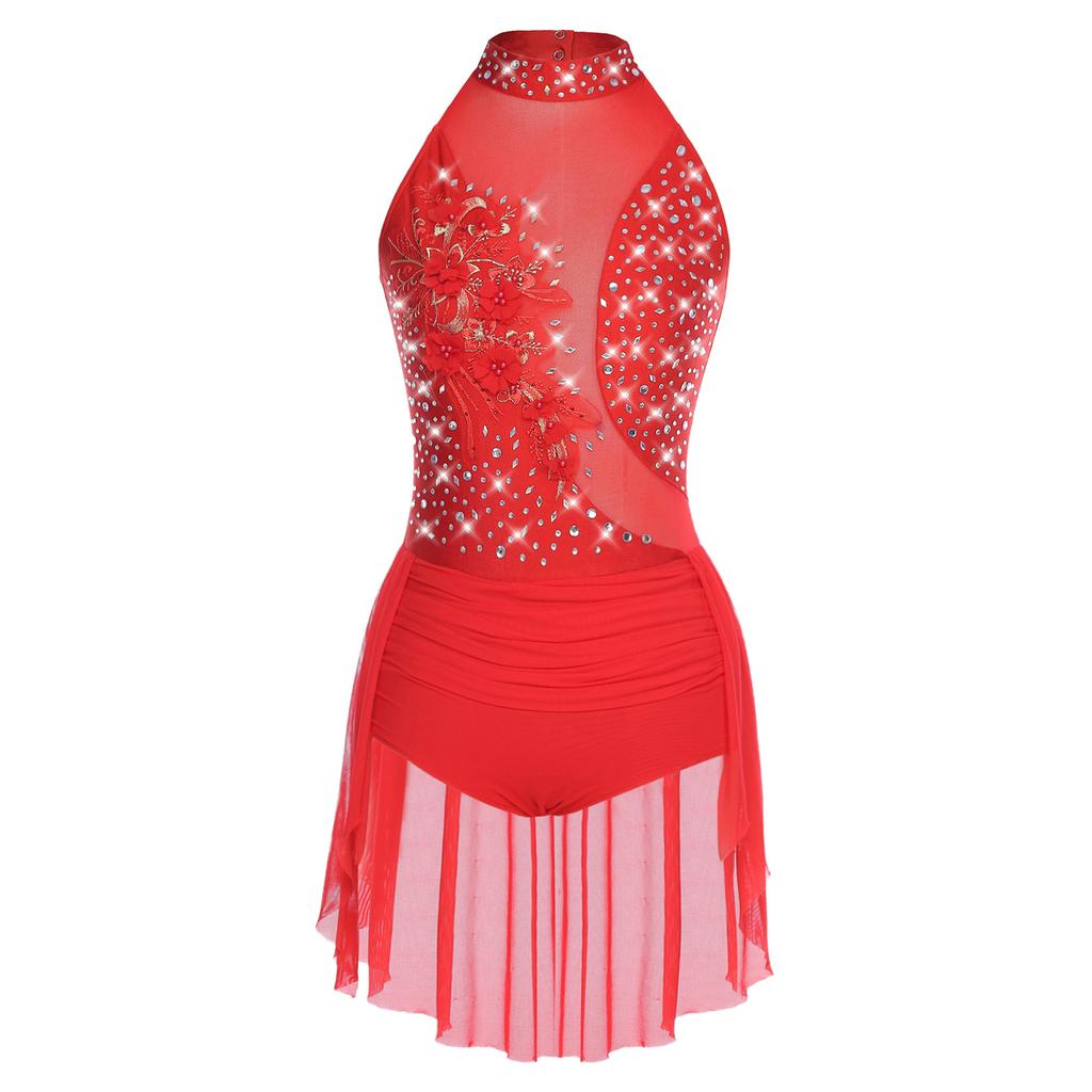 Womens Sparkly Latin Dance Wear Rhinestone Applique Sleeveless Back Hollow Skirted Leotard Gymnastics Bodysuit