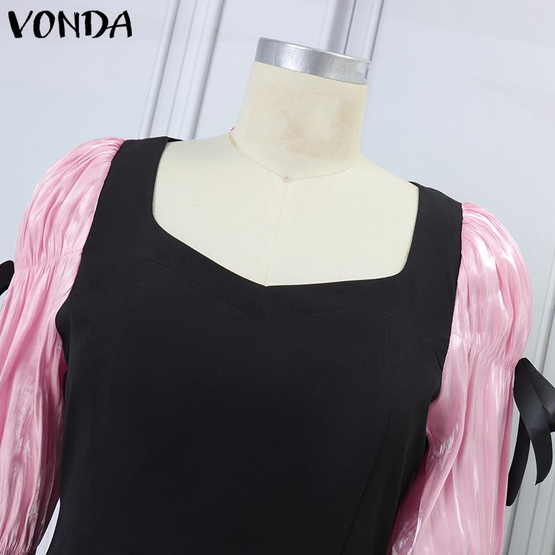 VONDA Женские летние платья А-силуэта с квадратным вырезом и завязкой-узлом, с длинным рукавом и поясом