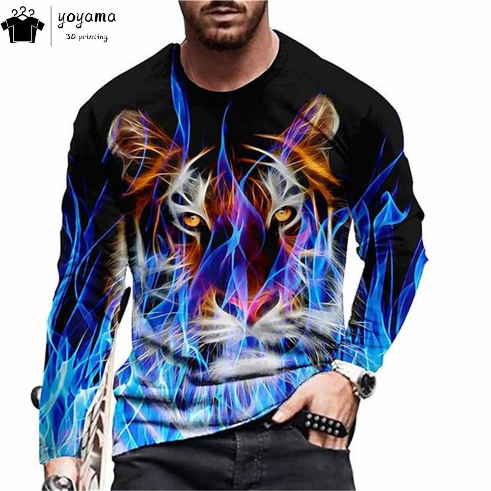 Мужская одежда с принтом тигра Повседневные свободные мужские рубашки Футболки с 3D-принтом и рисунком тигра Дышащие мужские футболки с длинным рукавом Топы
