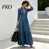 Casual Loose Dress Women Button Down Maxi Denim Dress, Long Sleeve Lapel V Simple Chic Neck Flowy A-line Jean with Pockets Lightweight