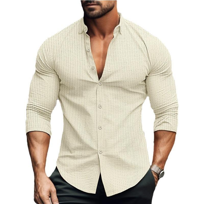 Men S Solid Long Sleeve Casual Waffle Dress Shirt