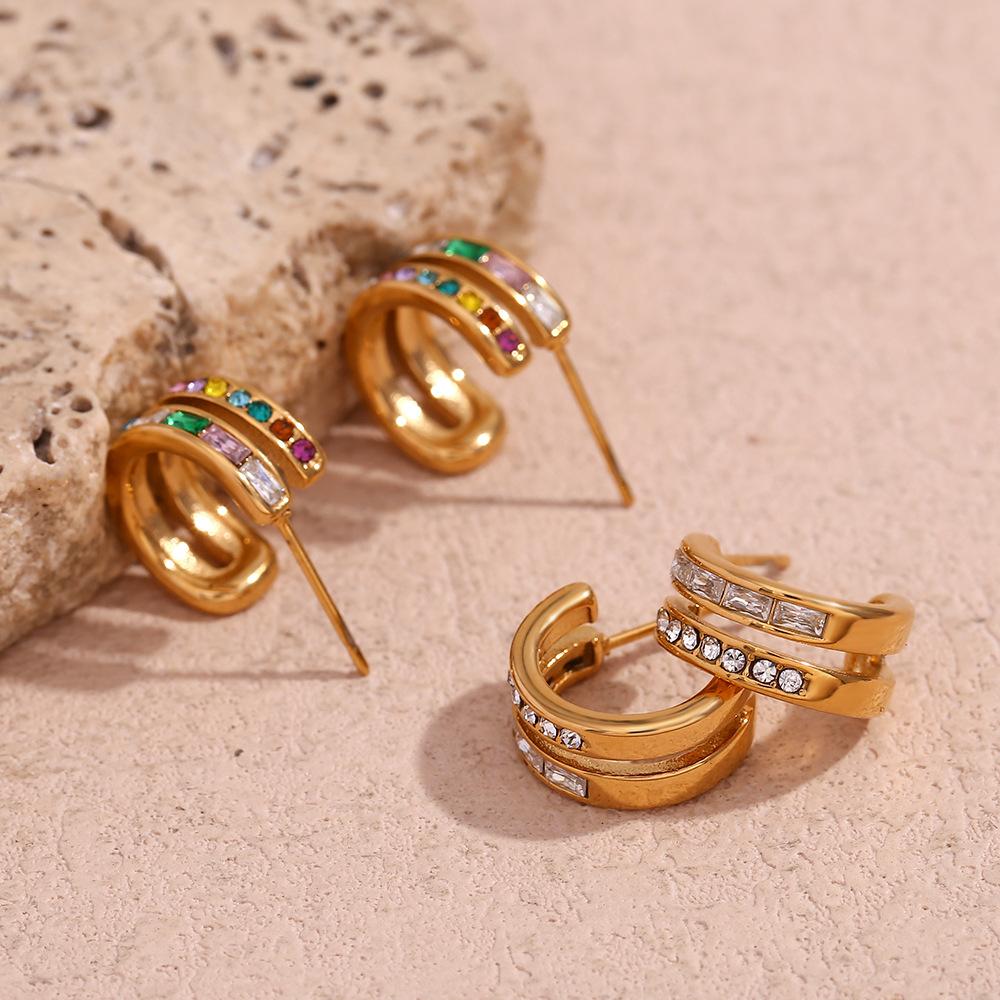 Women's Dainty Colorful Zircon Hoop Earrings Double Layer C Shape 18K Gold Plated Stainless Steel Trendy Style Blue Finch