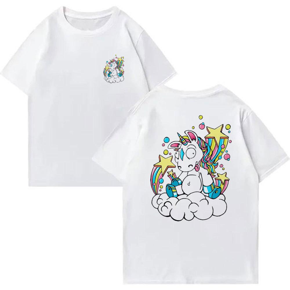 Cute Unicorn Graphic T Shirt Oversized Back Front Dual Print Rainbow Star Cloud Cartoon Tee Y2k Kawaii Streetwear Cotton