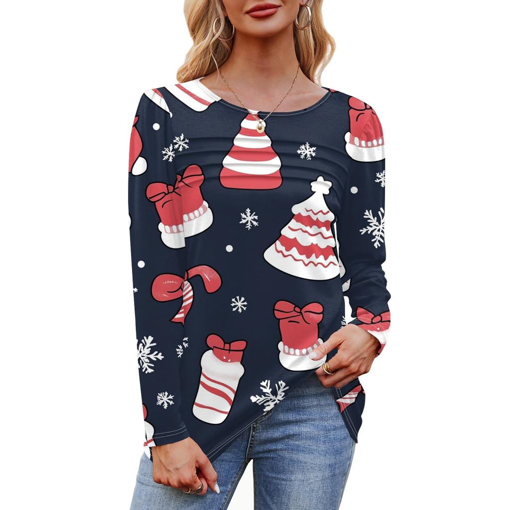 Женская футболка с круглым вырезом и длинными рукавами с принтом рождественской елки и снежинки