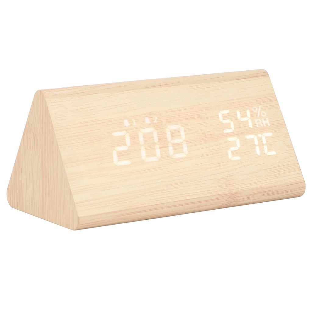 LED Digital Alarm Clock Multipurpose Wooden Clock with Voice Control Humidity Temperature Week Time