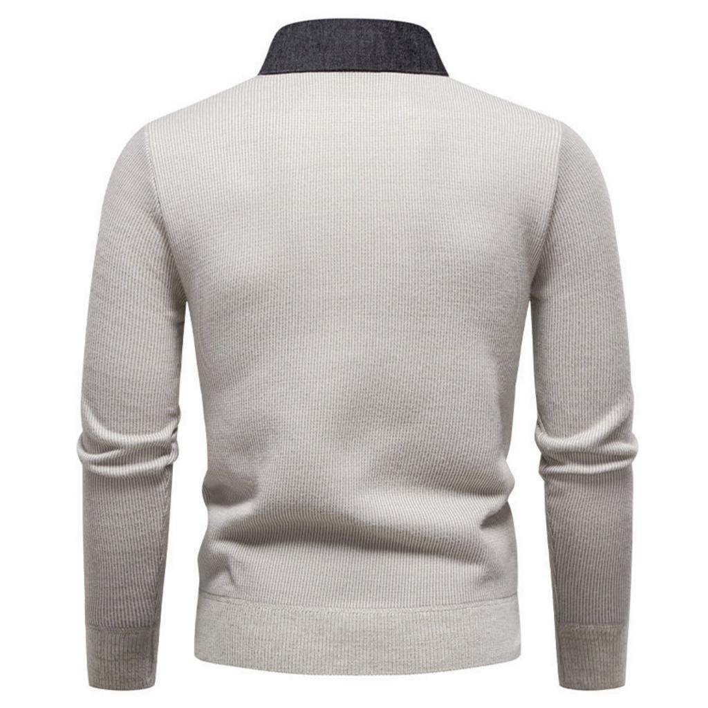 Men's Casual Patchwork Fake Two-piece Knitted Inner Sweater, Men's Warm Lapel Shirt Sweater