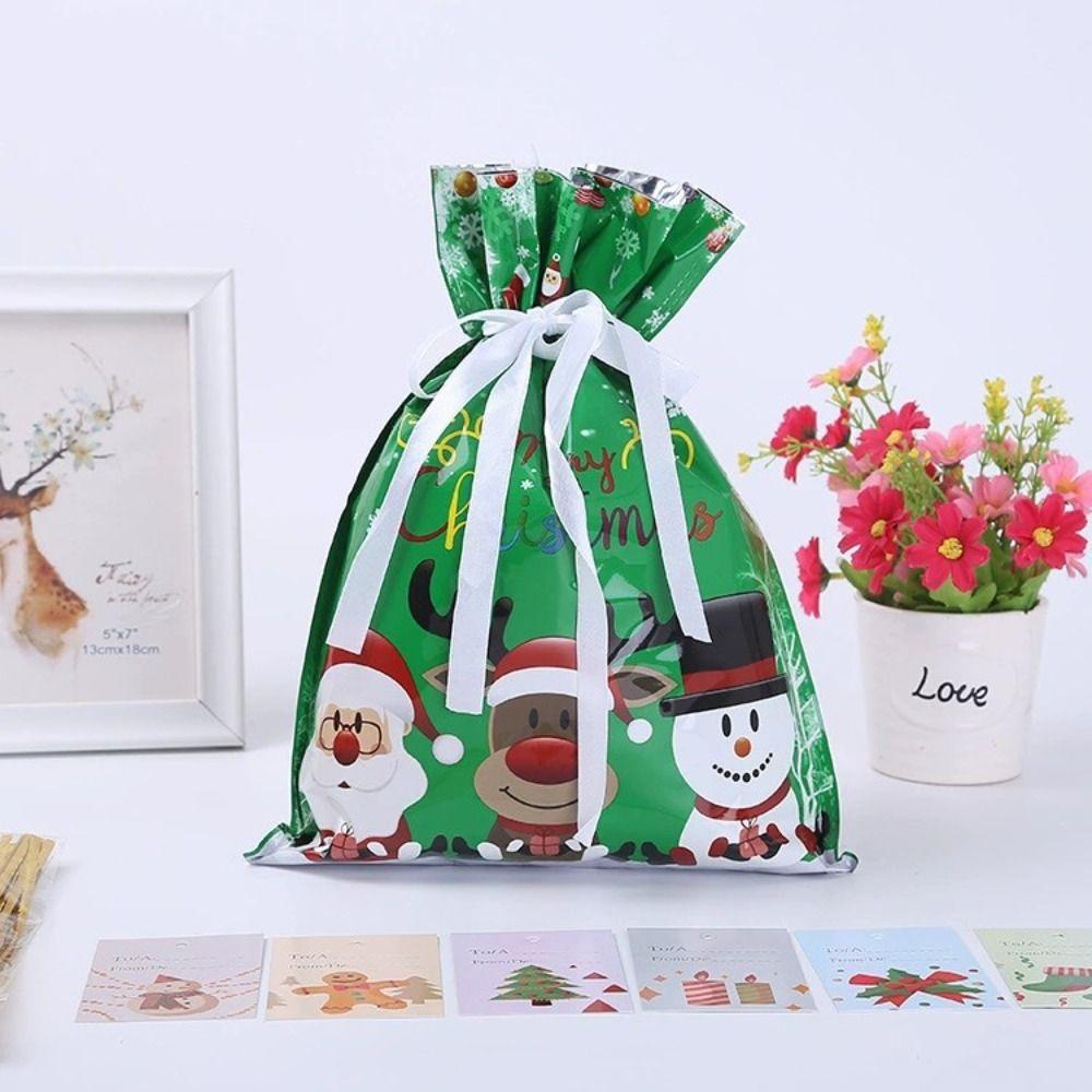 5Pcs Drawstring Gift Bag Santa Claus Snowman Candy Cookie Packaging Bag Christmas Candy Bags