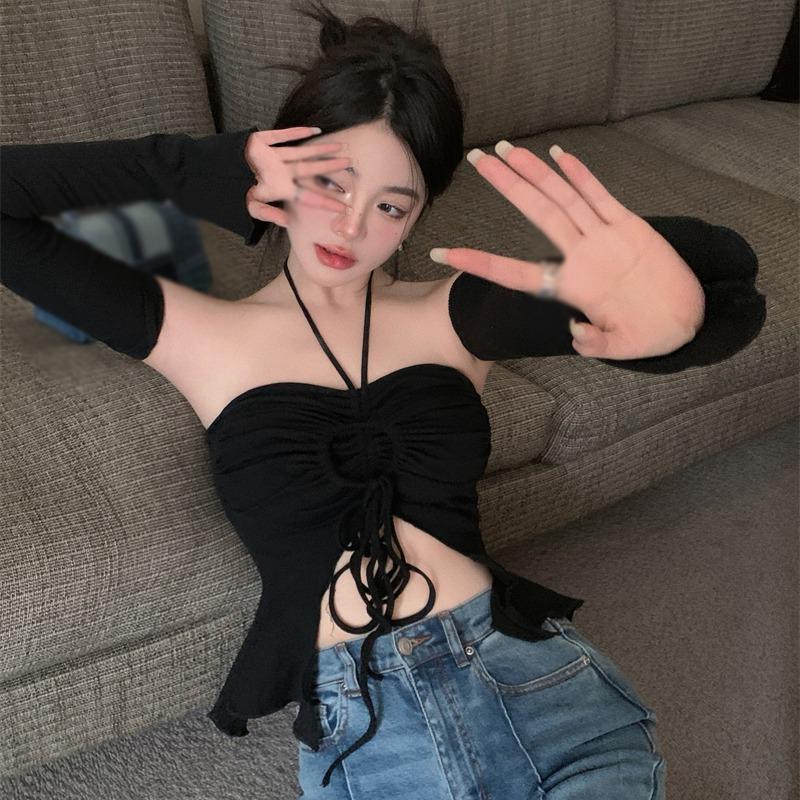 Женский топ халтер, облегающий, укороченный, повседневная футболка, футболка с длинным рукавом, для тренировок, для йоги, базовая футболка