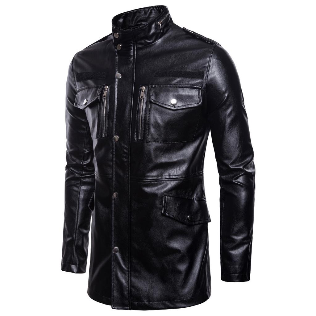 Мужская кожаная куртка среднего и длинного размера с воротником-стойкой и несколькими карманами для мотоцикла, кожаная куртка PY093 для