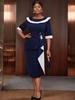 Elegant Navy Blue Midi Dress for Women Contrast Collar Half Sleeve Bodycon Style with Decorative Fold Church Wedding Guest Formal Office Wear