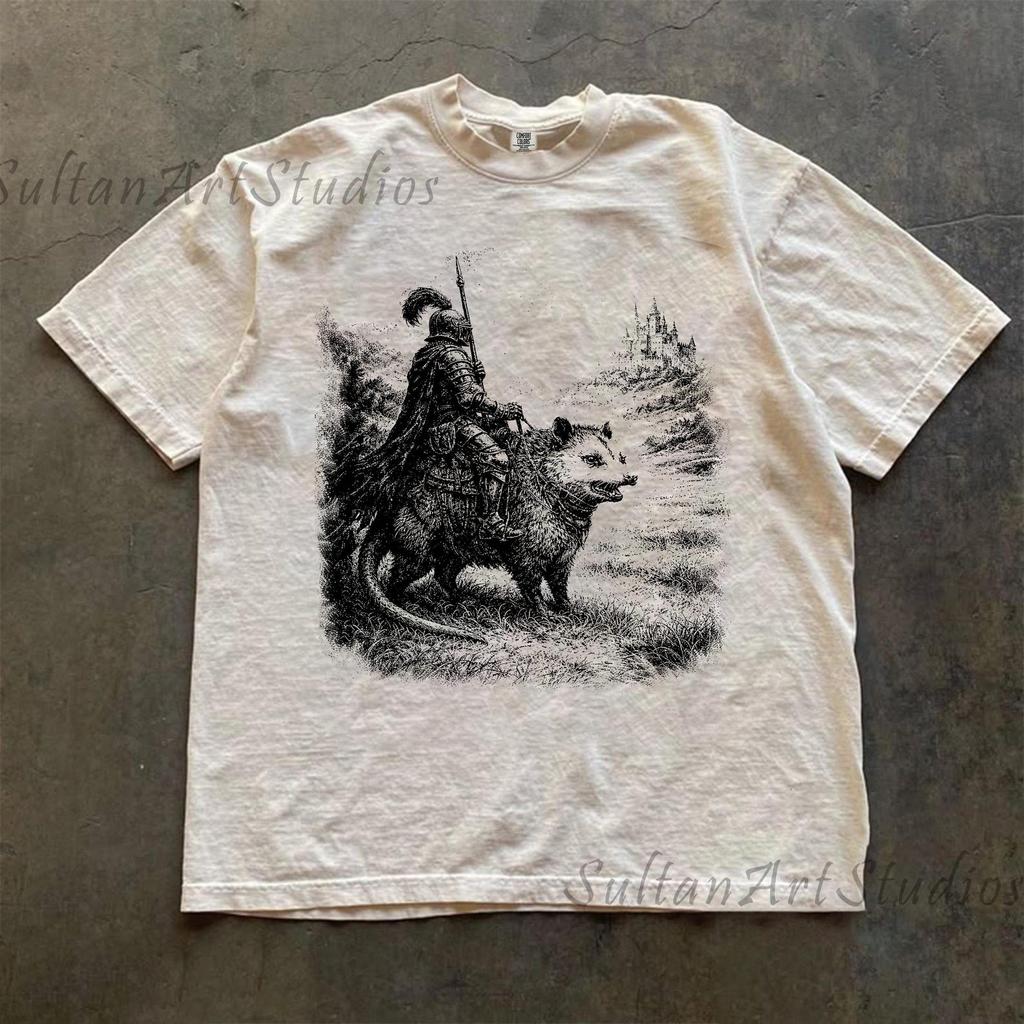 Medieval Knight Riding Opossum T-Shirt, Retro Graphic Tee, Gag Gift