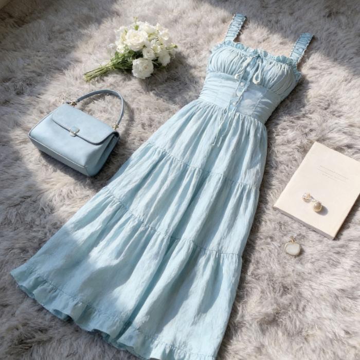 Mint milk green suspender dress, new women's summer French gentle design, waist A-shaped long skirt