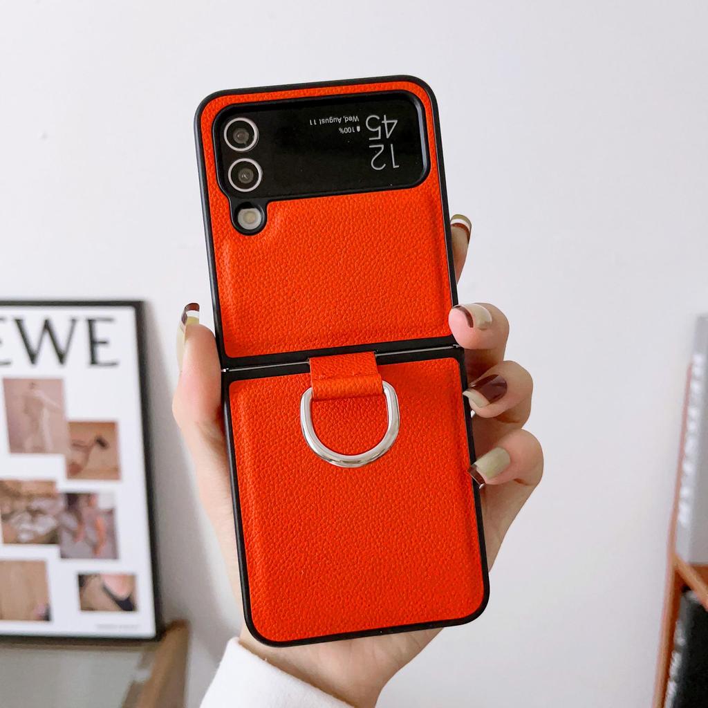 Чехол-кольцо с кожаным узором для Samsung Z Flip7/6/5 - Защита от падений, Однотонный, Чехол для складного телефона