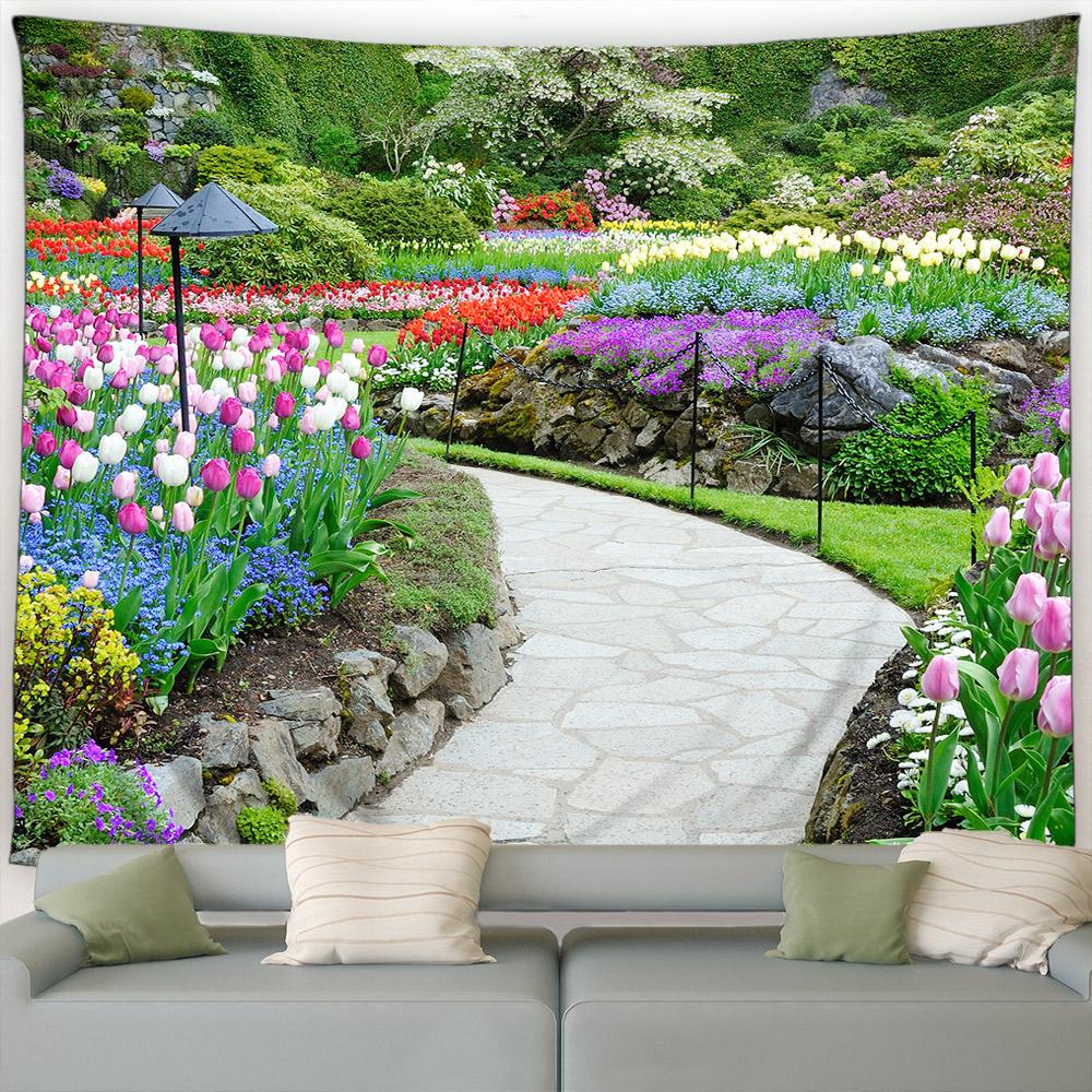 Natural Flower Plant Waterfall Scenery Modern Garden Wall Hanging Home Living Room Decoration Spring Park Landscape Tapestry
