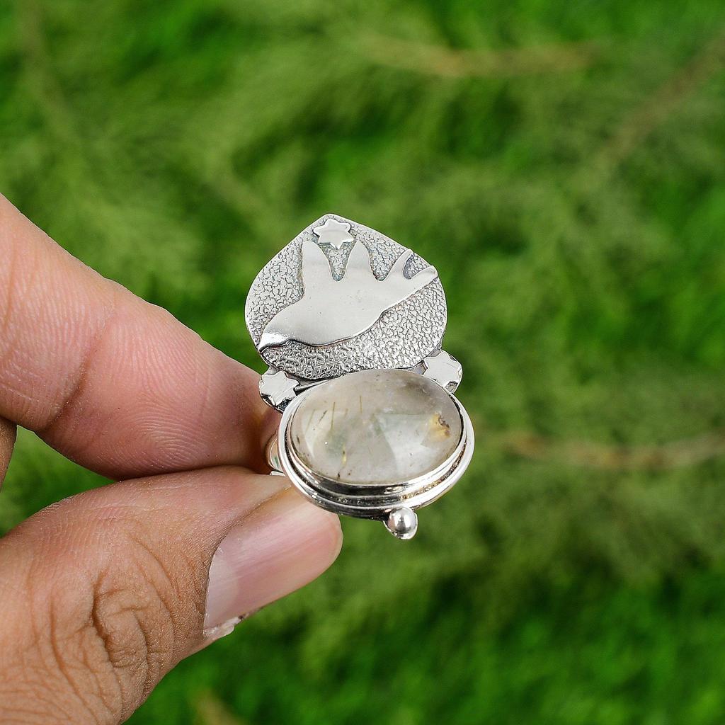 Womens Day Deal Golden Rutile Gemstone 925 Sterling Silver Bird Statement Ring