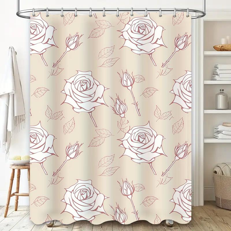 Винтажная Белая Роза Узор Душевая Занавеска Ванная Комната Декор Водонепроницаемый Домашние Принадлежности Розовый Цветочный Дизайн Полиэстер Ткань Водоотталкивающий