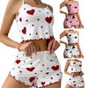 2 Pcs/Set Women Summer Pajamas Suit Adjustable Strap Sleeveless Heart Print Crop Top Shirring Edge High Waist Shorts Bedroom Sleepwear Set
