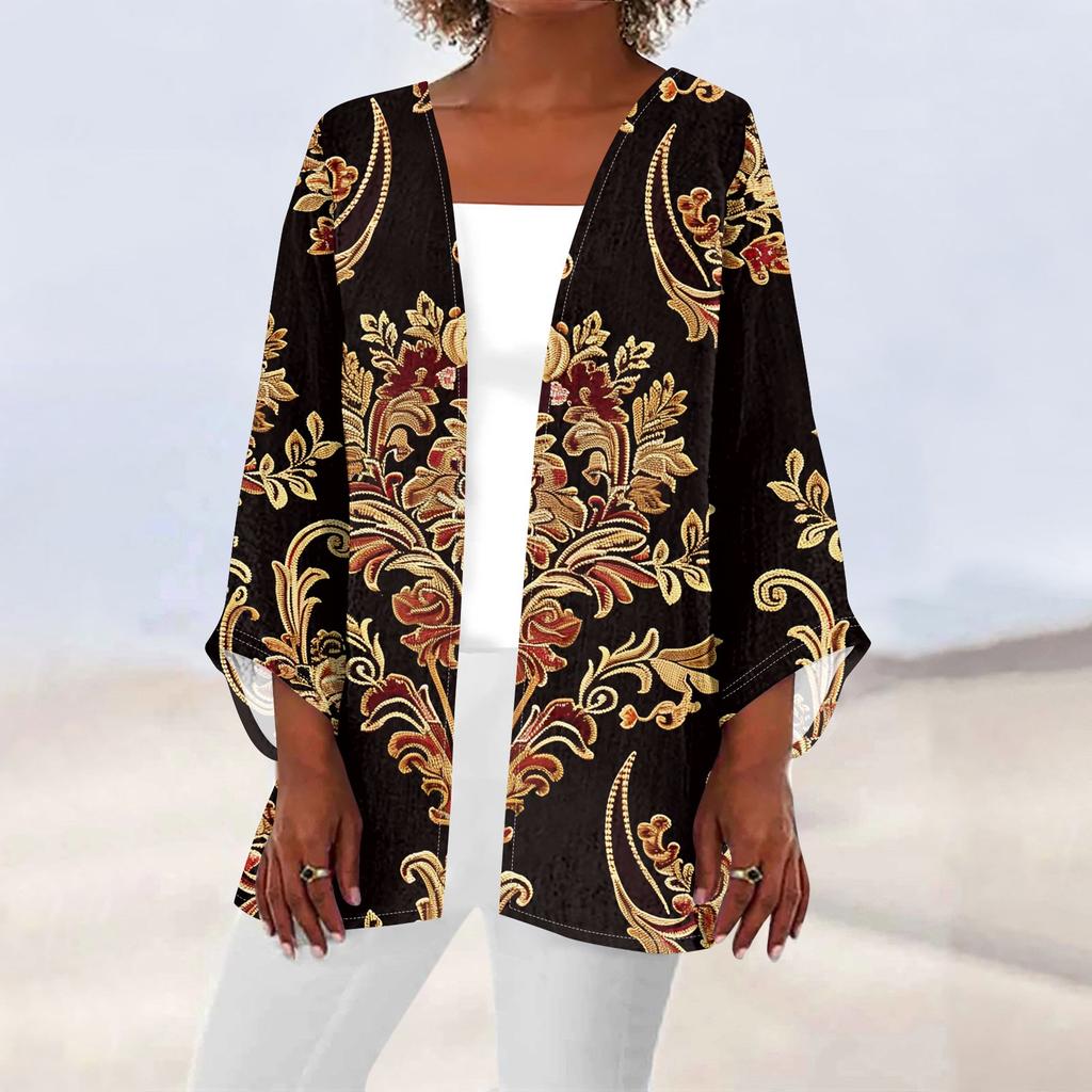 Women's Casual Fashion Caot Retro Printed Lightweight Medium Length Jacket Cardigan