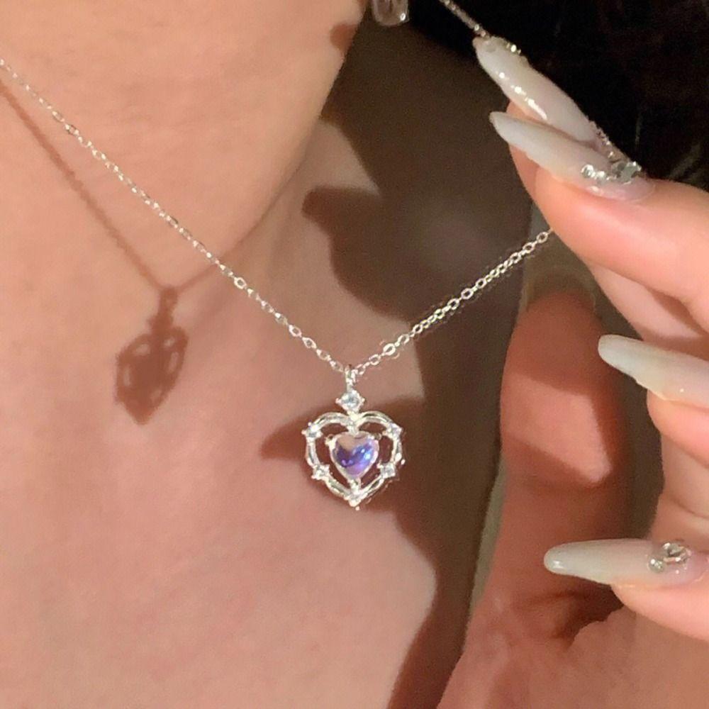 Love Shape Heart Necklace Gradient Love Temperament Necklace Collarbone Chain Women Girls